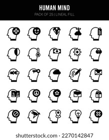 25 Iconos de relleno lineal de la mente humana Empaquetar ilustración vectorial.