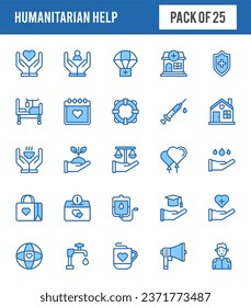 25 Ayuda humanitaria Paquete de iconos de dos colores. ilustración vectorial.