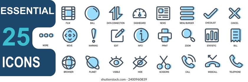 25 icon set essential.filled line style.lineal color.contains scissors,cut,call,invisible,eye.good for ui design.