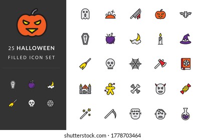 25 Icon Set HALLOWEEN - You will get premium icon designs such as: Potion, Zombie, Frankenstein, Sickle, Wizard, Pumpkin, Evil, Danger, Voodoo Doll, Haunted House, Magic Book, Axe, Spider Web, Skull, 