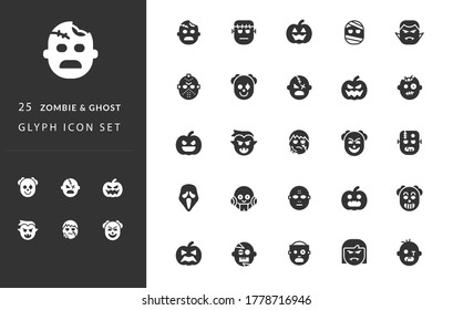 25 Icon Set ZOMBIE & GHOST - Obtendrá diseños de iconos premium como: Zombie, Fantasma, Calabazas, Frankenstein, Máscara de crema, Vampiro, payaso asustado, Máscara de serpiente, Máscara de hockey, Mami.  