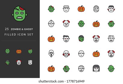 25 Icon Set ZOMBIE & GHOST - You will get premium icon designs such as: Zombie, Ghost, Pumpkins, Frankenstein, Scream mask,Vampire, Scary clown, Saw Mask, Hockey Mask, Mummy.  