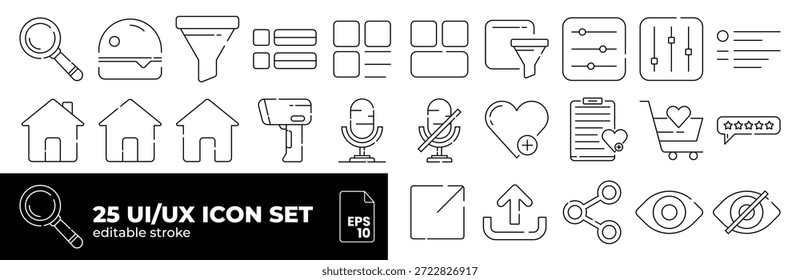 25 iconos UI UX conjunto, trazo editable