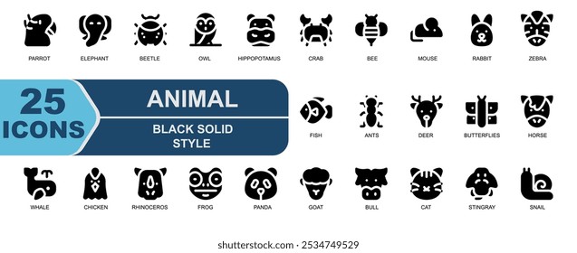 25 iconos sobre animals.solid black style.contains rinoceronte, un cuerno, rana, camaleón, panda, cabra, toro, gato, raya, caracol, búho, hipopótamo, cangrejo.