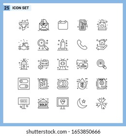  25 Iconos. Símbolos de esquema creativo de estilo de línea. Signo de icono de línea negra aislado en fondo blanco.