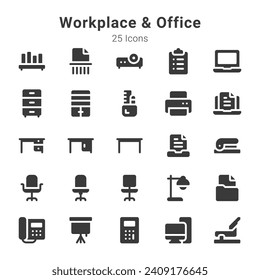 25 icons on workplace and office