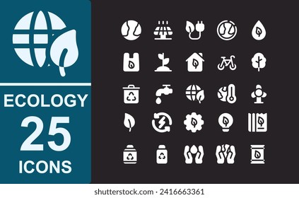 25 icons set of ecology.white simple line style with dark background.contains ,ozone,fresh water,recycled plastic bag,plants,bicycle,tree,recycled waste,recycling,water tap,ecology.vector icons