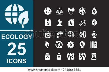 25 icons set of ecology.white simple line style with dark background.contains ,ozone,fresh water,recycled plastic bag,plants,bicycle,tree,recycled waste,recycling,water tap,ecology.vector icons