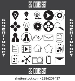 25 Icons Set Essential Black and White Combination Simple Bundle Pack