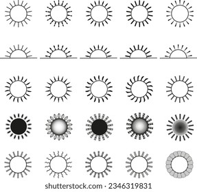 25 icons of sun. 25 icons. Black and white sun icons. 25 pieces of different sun icons. Nature Sun