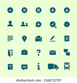 25 icons for web services. Filled. Blue on light-green.