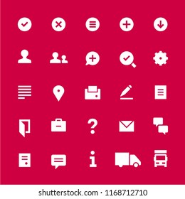 25 icons for web services. Filled. White on red.