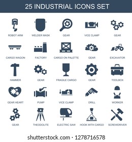 25 industrial icons. Trendy industrial icons white background. Included filled icons such as robot arm, welder mask, gear, vice clamp, cargo wagon. industrial icon for web and mobile.