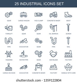 25 industrial icons. Trendy industrial icons white background. Included outline icons such as gear, cargo wagon, vice clamp, concrete mixer. industrial icon for web and mobile.