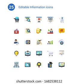 25 information flat icons set isolated on . Icons set with eLearning, website optimization, video Presentation, Video marketing, SEO optimization, Peer to Peer, social media specialist icons.