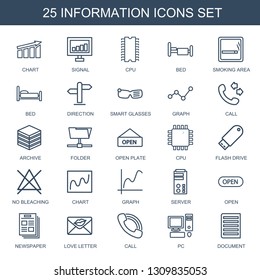 25 information icons. Trendy information icons white background. Included outline icons such as chart, signal, cpu, bed, smoking area, direction. information icon for web and mobile.