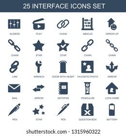 25 interface icons. Trendy interface icons white background. Included filled icons such as sliders, play, chain, abacus, arrow up, star, link. interface icon for web and mobile.