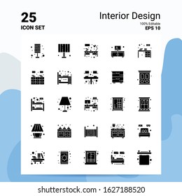 25 Interior Design Icon Set. 100% Editable EPS 10 Files. Business Logo Concept Ideas Solid Glyph icon design