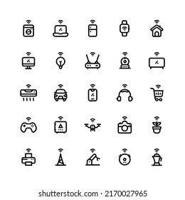 25 Internet de las cosas contorno conjunto de iconos, Internet, WIFI, red, sin alarmas, señal, dispositivo,