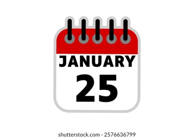 25 January calendar icon text page monthly web design on red, black and white background vector, icon, or illustration with the month of January 25