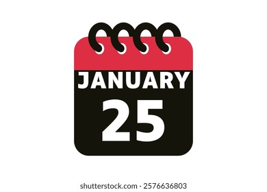 25 January calendar icon text page monthly web design on red, black and white background vector, icon, or illustration with the month of January 25