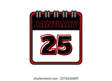 25 January calendar icon text page monthly web design on red, black and white background vector, icon, or illustration with the month of January 25