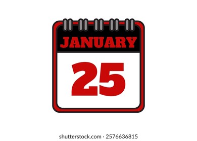 25 January calendar icon text page monthly web design on red, black and white background vector, icon, or illustration with the month of January 25