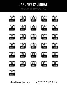 25 January Calendar Lineal Fill icons Pack vector illustration.