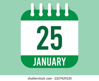 25 January day calendar icon. Calendar page in green color for the days of January. Month design for appointments and anniversaries