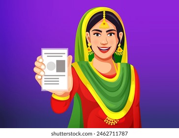 25 January India's National Voters Day. Indian Woman with a smiling face shows her voter card in her hand- Concept of Election in India