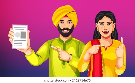 25 January India's National Voters Day. Indian man with a smiling face shows voter card in his hand and a woman showing her ink-mark finger after casting a vote in election