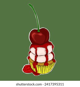 25 january sticker Illustration vector design of Cherry cupcake with caramel on green background - Illustration vector by nurdal 
