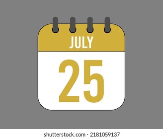 25 july calendar icon. July calendar banner. Date of the month for events.