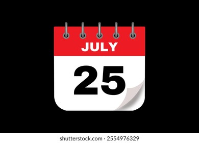 25 July calendar icon text page monthly web design on red, white and black background vector, icon, or illustration with the month of July 25