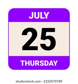 25 de julio, jueves. Plantilla de fecha. Diseño útil para la promoción de calendarios o eventos. Ilustración vectorial Archivo EPS 10. Aislado sobre fondo blanco. 