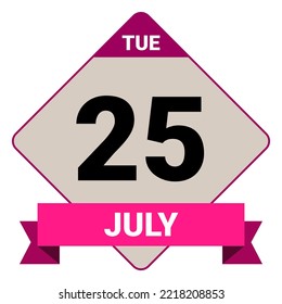 25. Juli, Dienstag. Datumsvorlage. Nützliches Design für Kalender- oder Veranstaltungswerbung. EPS10 Datei, Vektorgrafik. Einzeln auf weißem Hintergrund.
