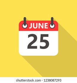 25 june calendar flat style icon with long shadow.