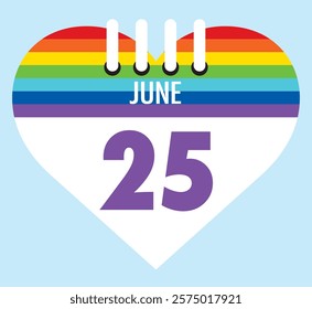 25 June calendar icon pride color heart shape on light sky blue color background, calendar vector symbol for the month of  June.