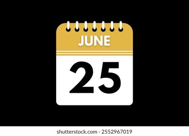 25 June calendar icon text page monthly web design on golden, black, and white background vector, icon, or illustration with the month of June 25