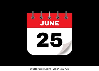 25 June calendar icon text page monthly web design on red, white and black background vector, icon, or illustration with the month of June 25