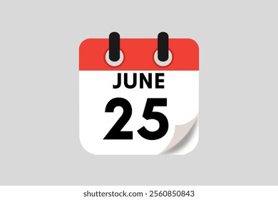 25 June calendar icon text page monthly web design on red, white, black and ash background vector, icon, or illustration with the month of June 25