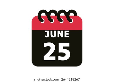 25 junho calendário ícone página de texto design mensal web em vermelho, preto e branco fundo vetor, ícone, ou ilustração com o mês de junho 25