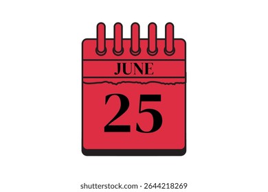25 junho calendário ícone página de texto design mensal web em vermelho, preto e branco fundo vetor, ícone, ou ilustração com o mês de junho 25