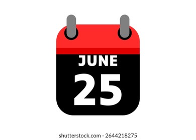 25 junho calendário ícone página de texto design mensal web em vermelho, preto e branco fundo vetor, ícone, ou ilustração com o mês de junho 25