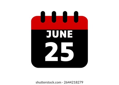 25 junho calendário ícone página de texto design mensal web em vermelho, preto e branco fundo vetor, ícone, ou ilustração com o mês de junho 25