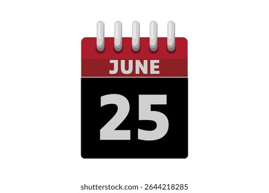 25 junho calendário ícone página de texto design mensal web em vermelho, preto e branco fundo vetor, ícone, ou ilustração com o mês de junho 25