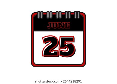 25 junho calendário ícone página de texto design mensal web em vermelho, preto e branco fundo vetor, ícone, ou ilustração com o mês de junho 25