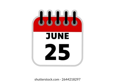 25 junho calendário ícone página de texto design mensal web em vermelho, preto e branco fundo vetor, ícone, ou ilustração com o mês de junho 25