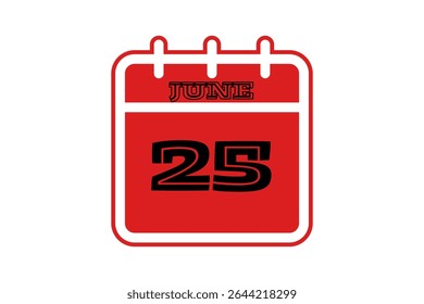 25 junho calendário ícone página de texto design mensal web em vermelho, preto e branco fundo vetor, ícone, ou ilustração com o mês de junho 25