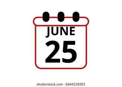 25 junho calendário ícone página de texto design mensal web em vermelho, preto e branco fundo vetor, ícone, ou ilustração com o mês de junho 25